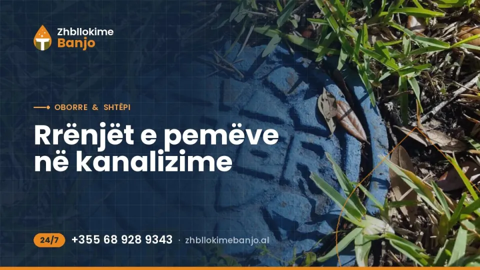 Kapak puseteje kanalizimi në oborr me bar, ku rrënjët e pemëve mund të hyjnë në tub